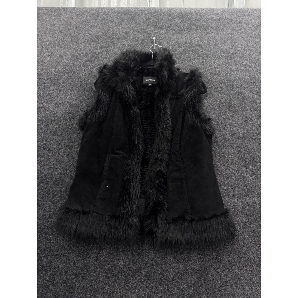 Express Black Leather Vest Faux Fur Trim Open Front Sleeveless Jacket Womens L